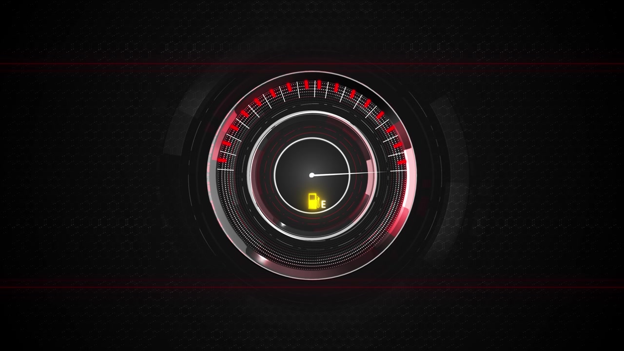 Futuristic fuel meter interface visual with red circular rings white needle dark dashboard texture