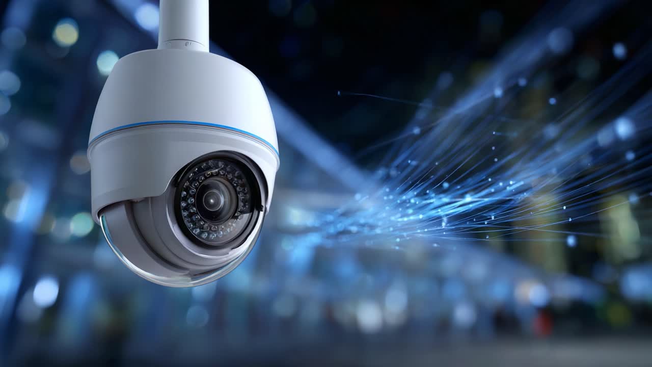 High-Tech Security Camera with Visible Data Transmission, Showcasing Advanced Surveillance Technology in Action Against a Nighttime Urban Background