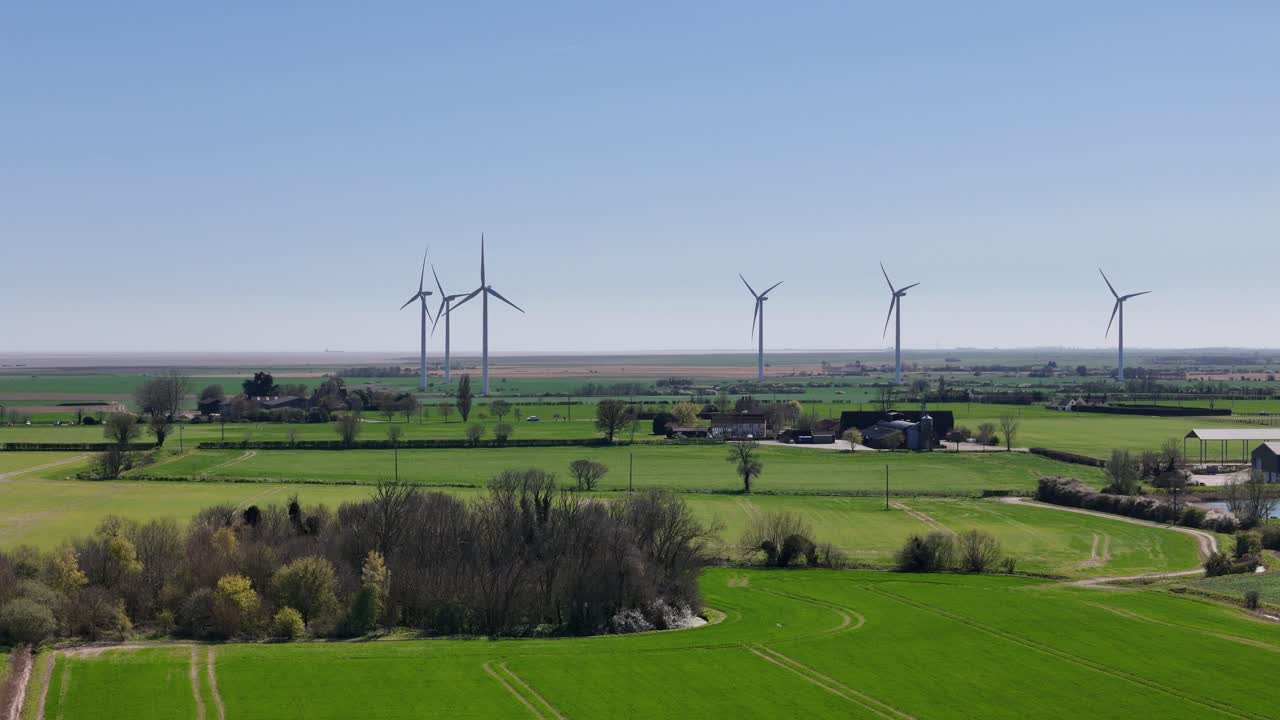 Wind farm turbines in Bradwell Essex UK drone,aerial 4K footage
