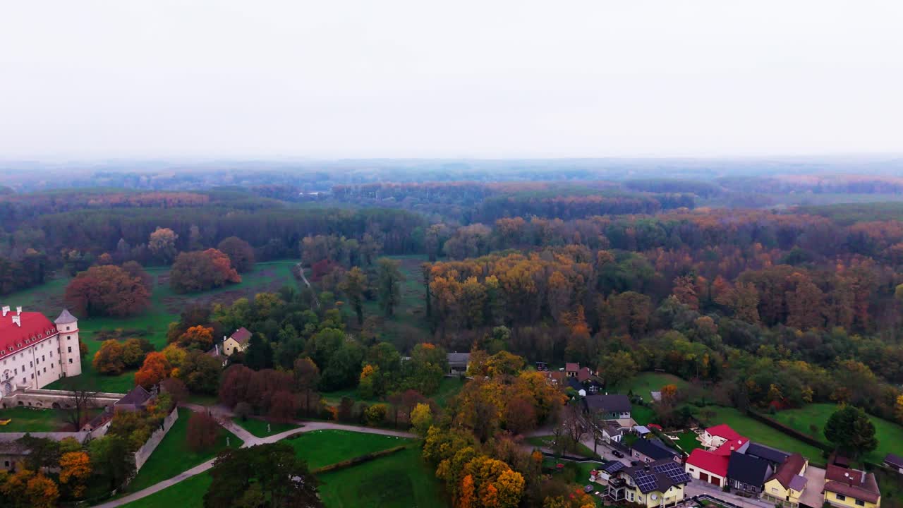 Autumn Foliage In Mist On Floodplains Of Danube River In Daytime. aerial shot