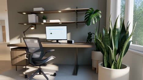 modern home office workspace with computer and plants
