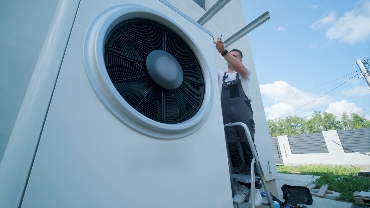 Technician Installing Heat Pump Unit on Residential Exterior Wall