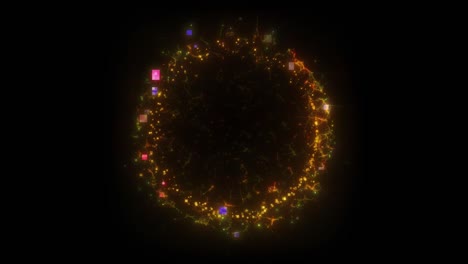 bucle sin costuras. animación de un portal redondo amarillo que consta de cuadrados defectuosos y coágulos de energía aislados en fondo negro con alpha luma matte vfx cg 4k. puerta espacial. ciencia ficción. futurista.