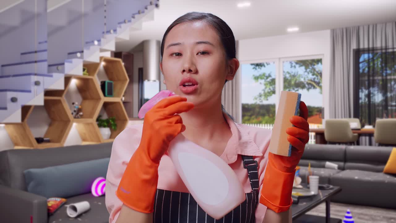Woman Cleaning a Messy Living Room