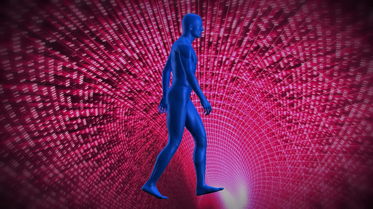 animación de un humano caminando por un túnel digital