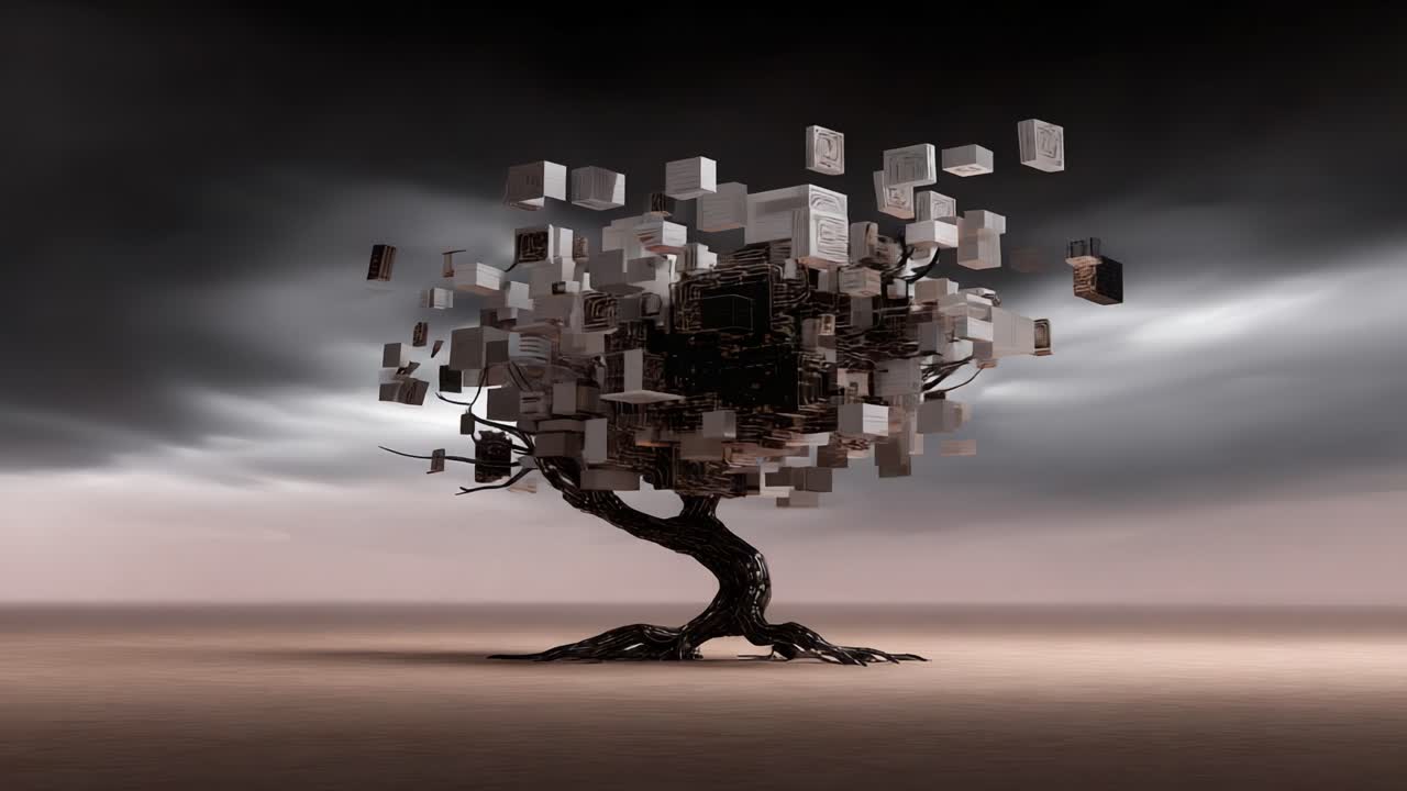 An Enigmatic Artifact: An Intricate Tree Formed from Disconnected Digital Elements Against a Dramatic, Overcast Sky, Representing the Intersection of Nature and Technology