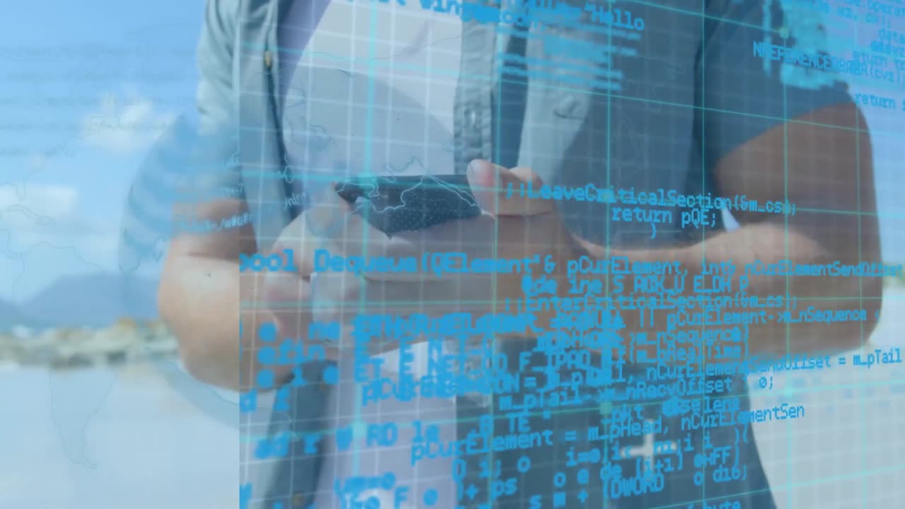 Animation of data processing and globe over man using smartphone