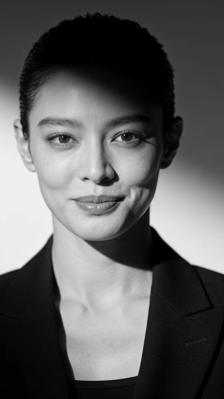 Video verticale: Donna sorridente che accenna un sorriso per un servizio fotografico di ritratto in studio, con un punto luce e un blazer scuro.