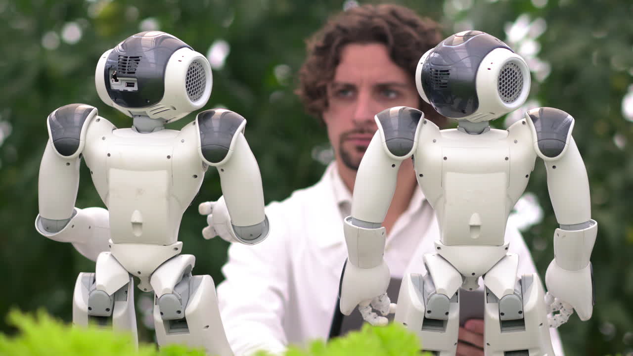 Laboratory technician in a white coat holding a tablet and analysing two humanoid robots in a greenhouse farm