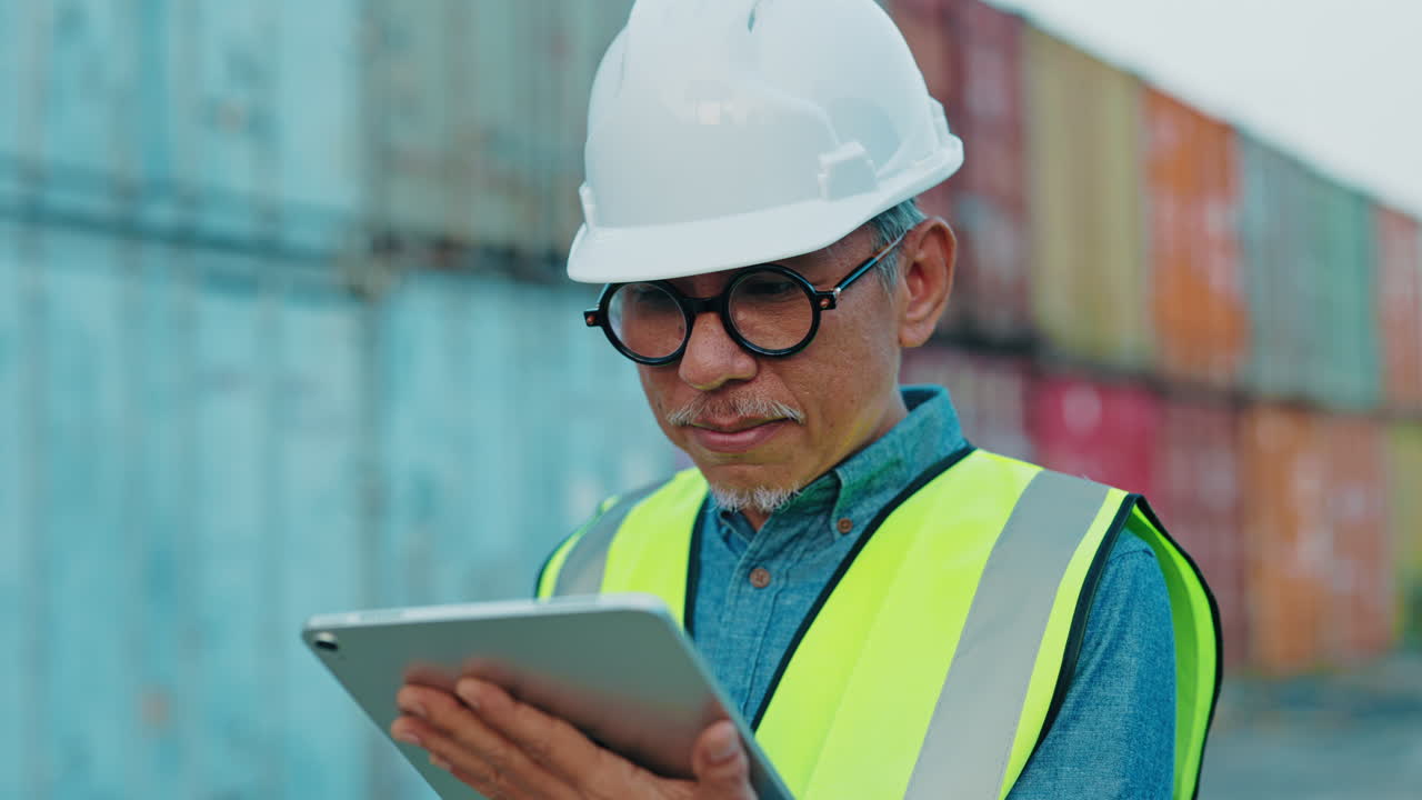Worker using tablet at a shipping port