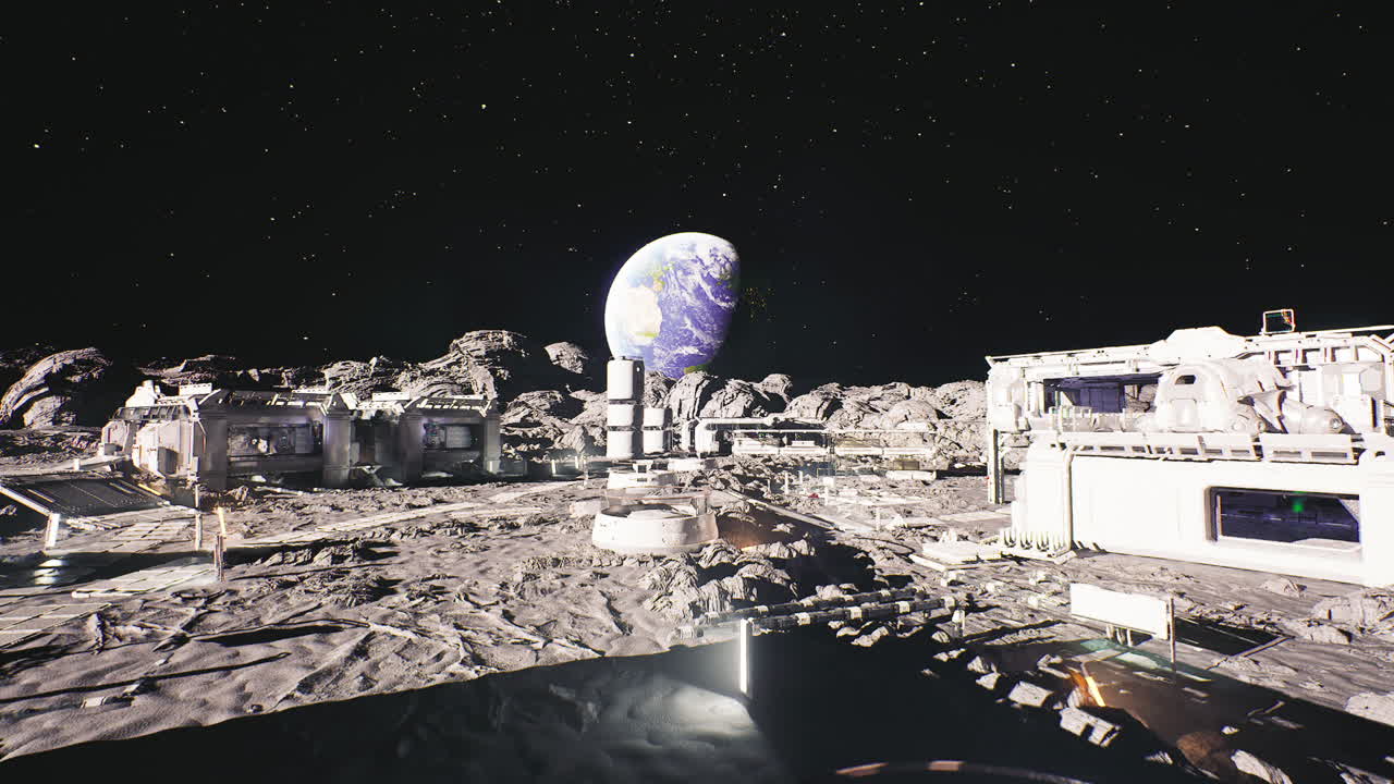 Celestial moon base with maintenance facilities for exploration vehicles