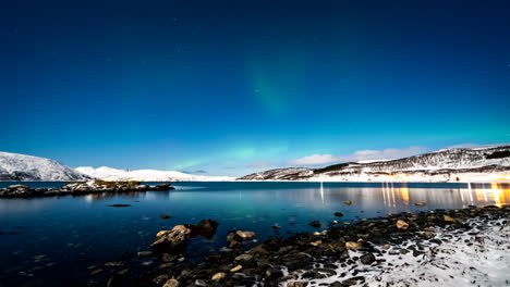 beautiful arctic winter scenery, skogsfjord rural homes, blue aurora sky