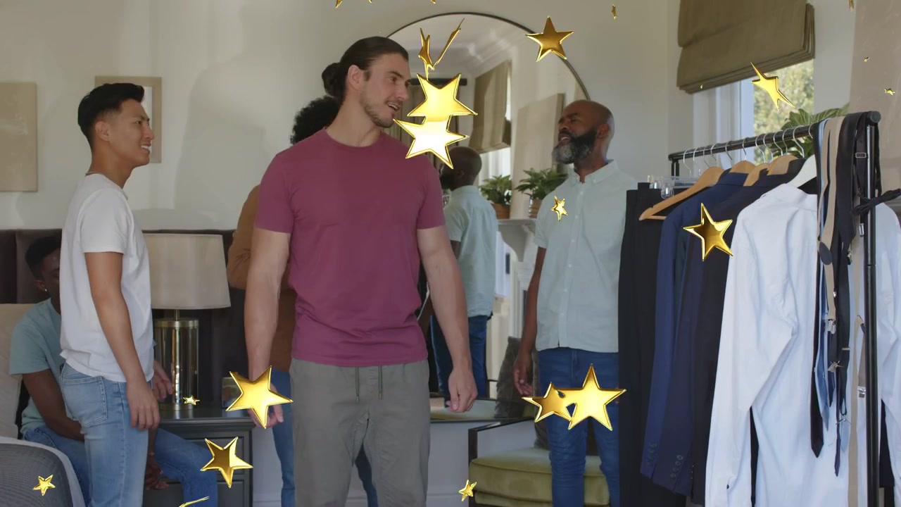 Tailor reaching shoulders, sparking team measuring fit for fashion, mirror and gold stars popping