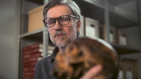 expert examining a skull in a museum