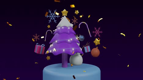 Animation-Von-Konfetti-über-Weihnachtsbaum-Und-Dekorationen-Auf-Schwarzem-Hintergrund