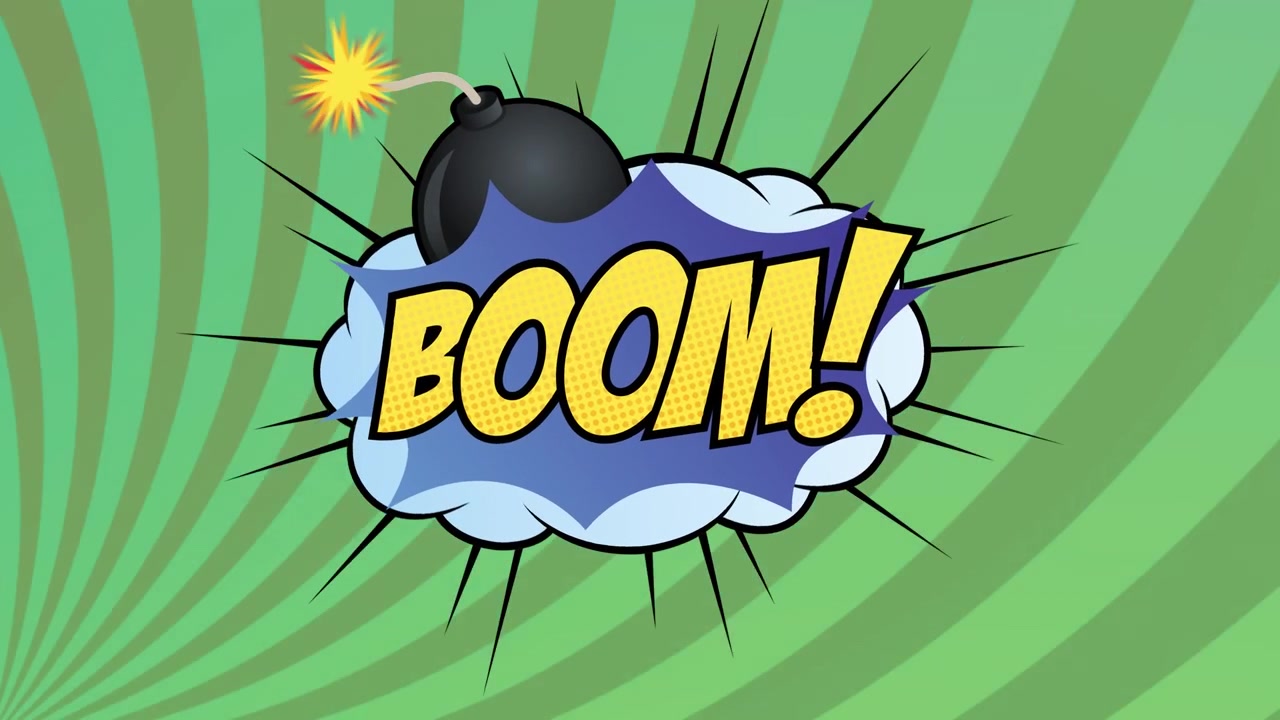 Animation af boom-tekst på grøn baggrund