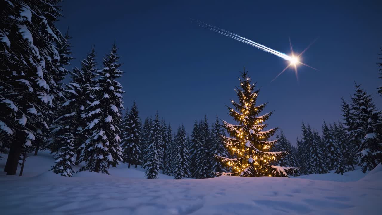 Uma cena serena de noite de inverno com uma árvore de Natal decorada sob um céu estrelado.
