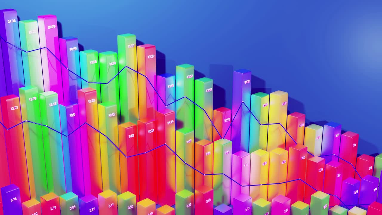 infografías en bucle abstractos de fondo con barras 3d multicolores en azul, por ejemplo. gráfico de degradación de columnas. fondo económico con espacio de copia en 4k. barras 3d como gráfico de datos estadísticos.