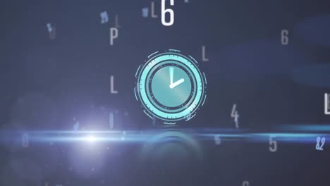 Animation-of-clock-with-numbers-and-letters-changing-on-blue-background