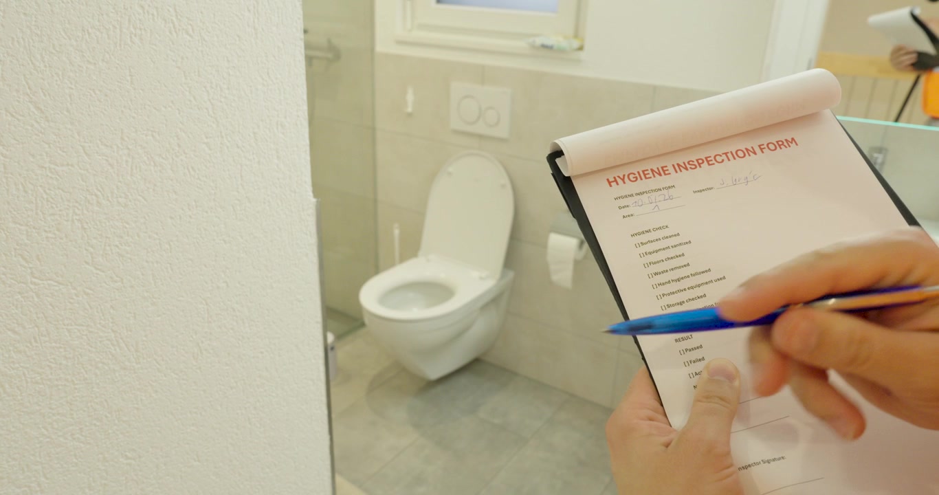 Inspector completing a hygiene inspection checklist in a bathroom, evaluating cleanliness, sanitation, and compliance with hygiene standards.