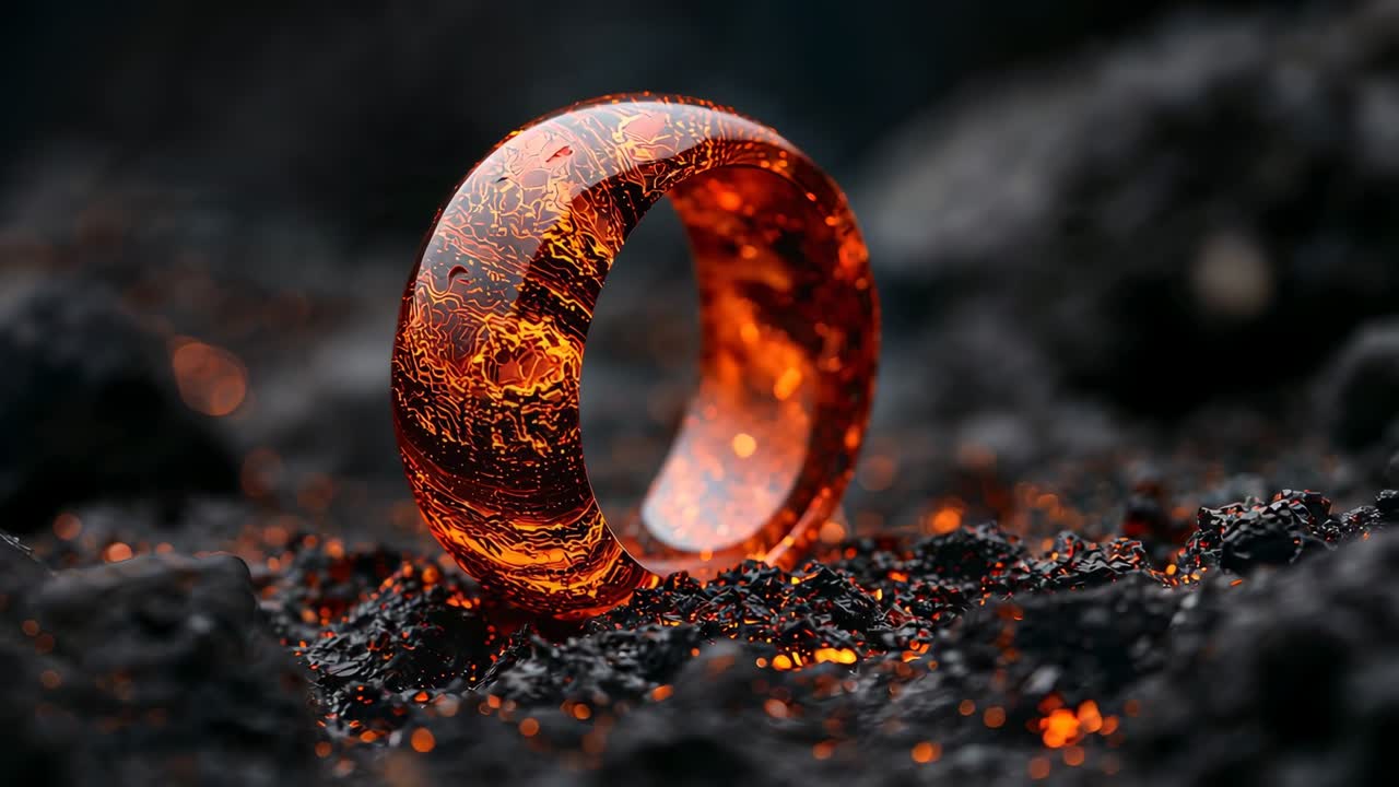 At start glowing ring intensifying pulsing on lava rock camera circling revealing magma patterns