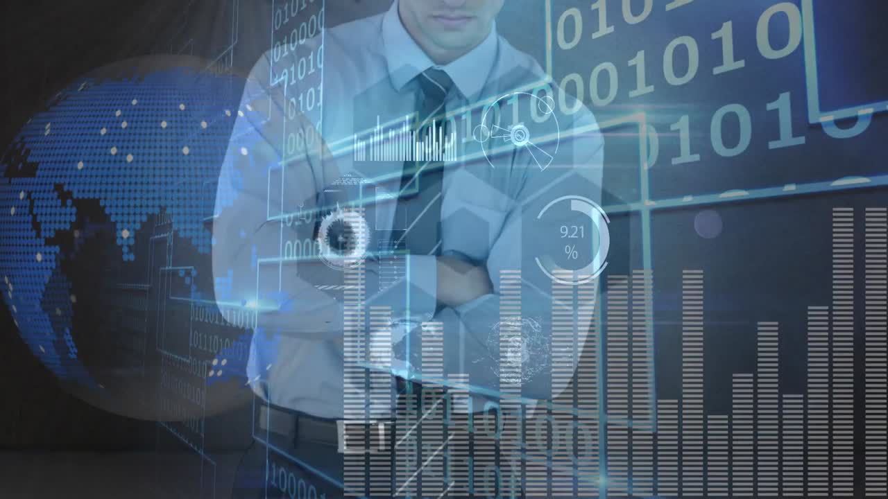 animación del procesamiento de datos financieros sobre el hombre de negocios