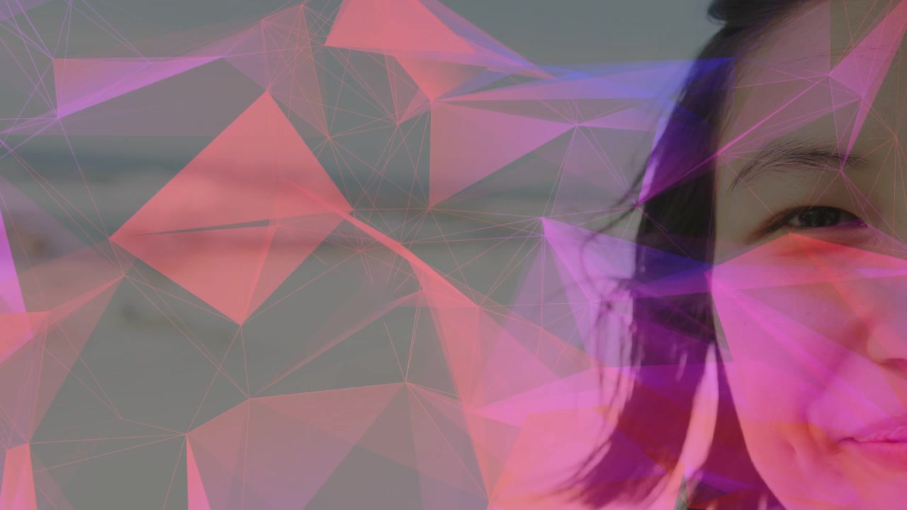 Woman revealing right half-face as pink purple polygon overlay shifting across grey for design