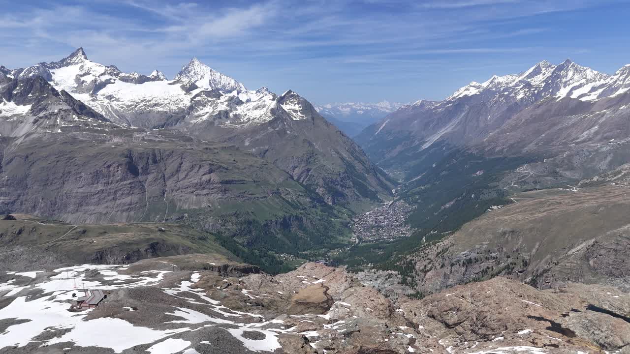 Zermatt in distance breathtaking aerial mountain view drone,aerial