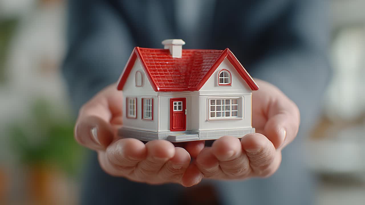 Una persona sosteniendo una casa de juguete en sus manos, que simboliza la inversión inmobiliaria, la compra de una vivienda y el sueño de tener una casa nueva en un contexto profesional