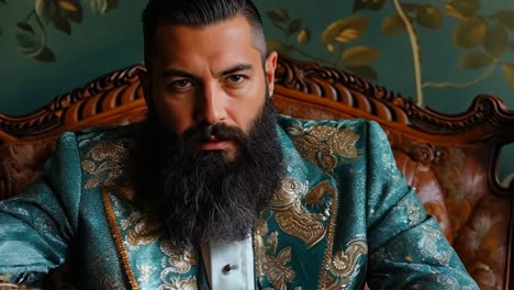 a man with a long beard sitting on a chair