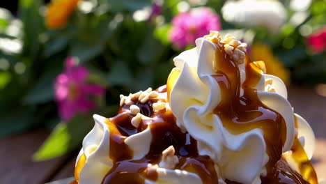 decadent chocolate ice cream with whipped cream and caramel sauce
