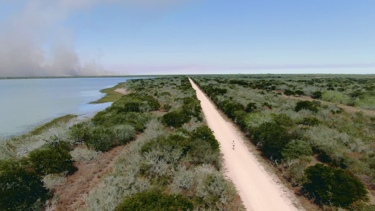 호수  ⁇ 에서 달리는 사람, 넓은 공중 촬영, 솔로 달리기, 자연에서 조 ⁇ 하는 여성