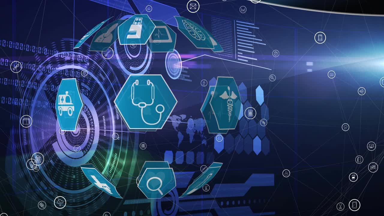 블루 배경에 스캔하는 스 ⁇  위의 의료 디지털 아이콘의 애니메이션