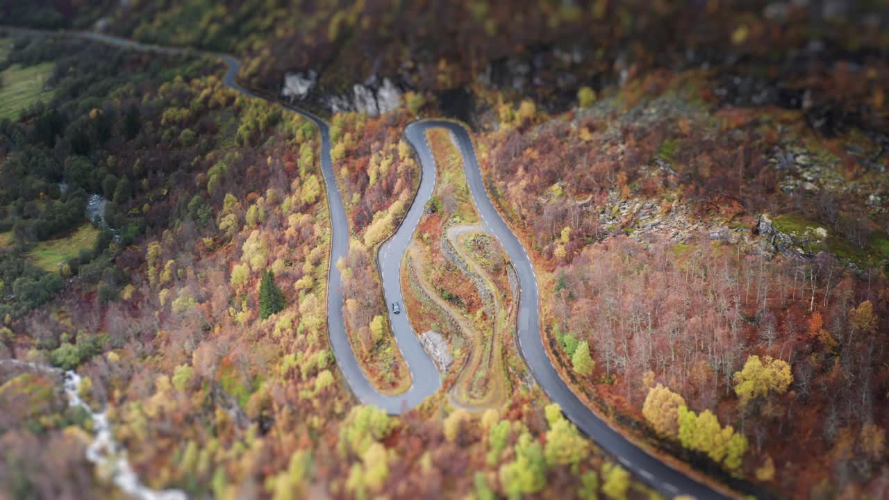 un solo coche siguiendo una carretera serpenteante sobre el fiordo de geiranger
