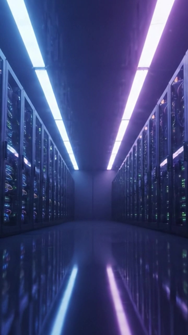 Exploring the Futuristic Design of a High-Tech Data Center: A Glimpse into the Illuminated Server Aisles Showcasing Advanced Networking Infrastructure