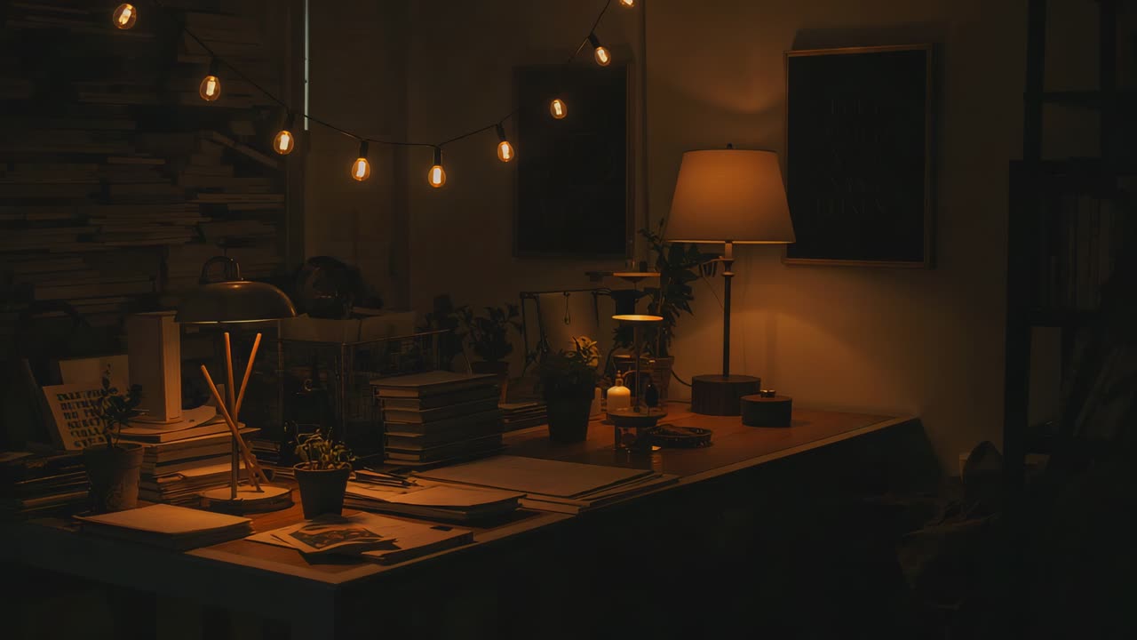 Lampadine a filamento e una lampada che proiettano luce calda e illuminano una scrivania di legno a casa, con libri e piante.