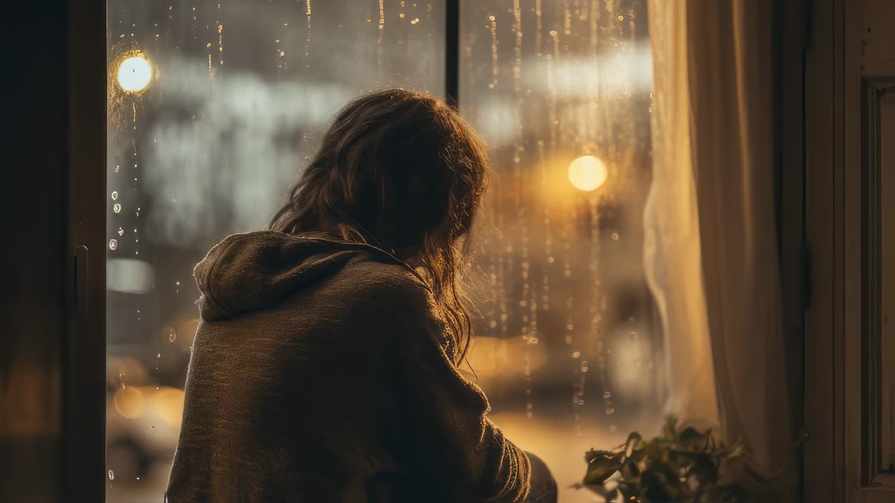 Young woman gazing out the window on a rainy night, feeling a wave of melancholy and contemplation while watching the shimmering city lights through the wet glass