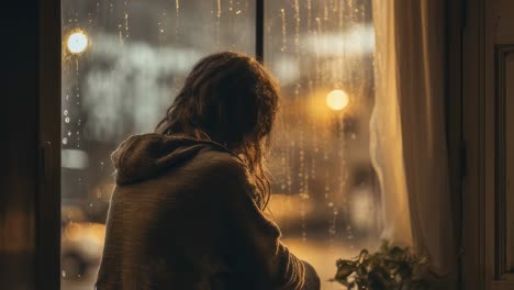 young woman gazing out the window on a rainy night, feeling a wave of melancholy and contemplation while watching the shimmering city lights through the wet glass