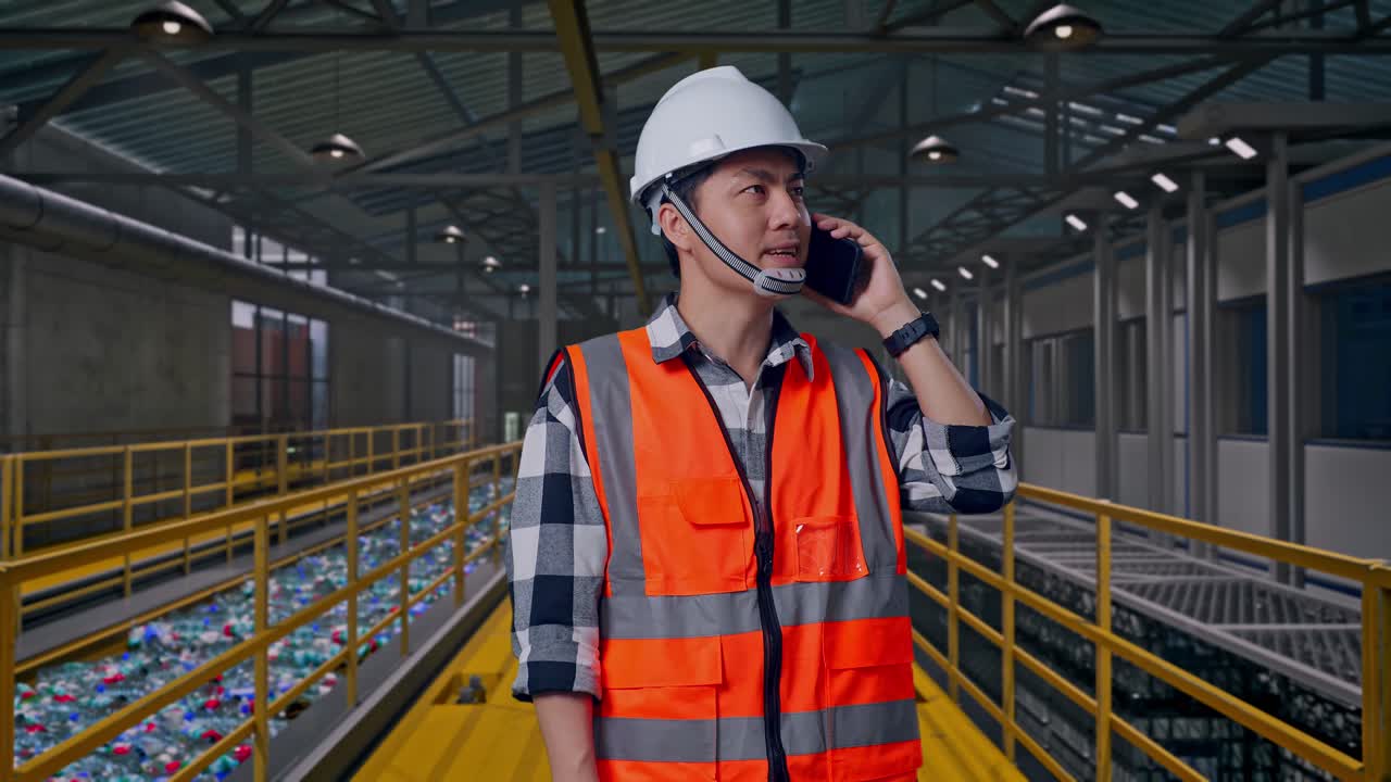 Ingeniero asiático con casco de seguridad hablando por smartphone mientras está de pie, inspeccionando las operaciones de una planta de reciclaje de plástico con cinta transportadora de botellas.