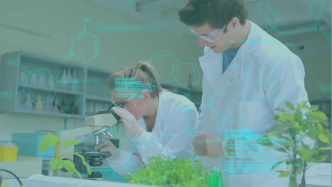 animación de procesamiento de datos y fórmula química sobre diversos científicos que trabajan en el laboratorio