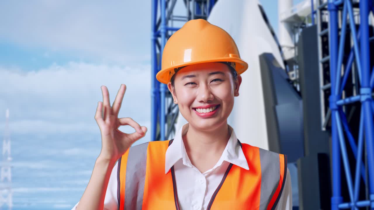 안전 헬을 입은 아시아 여성 엔지니어가 미소 짓고 우주왕복선과 함께 서 있는 동안 카메라에 은 몸짓을 보여줍니다.