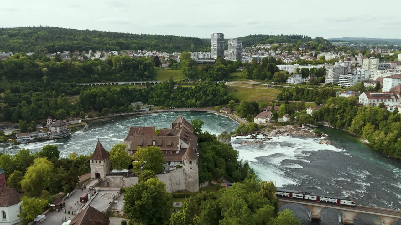 Aerial view of Rhine Falls in Schaffhausen, Switzerland with the castle