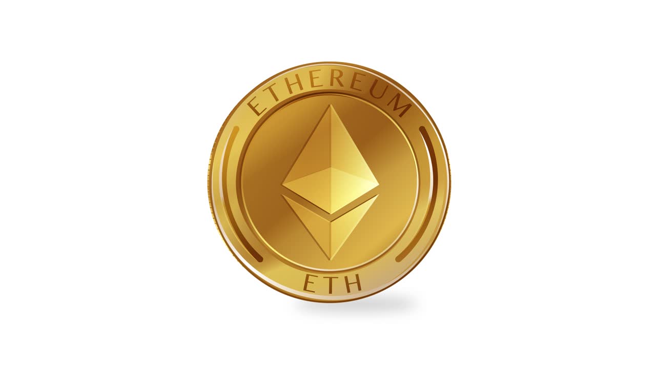un'animazione di 20 secondi di una moneta ethereum rotante su uno sfondo bianco, che mostra il suo design 3d e il colore dorato
