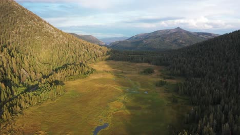 Aerial-view-of-Mountain-meadow-in-Northern-California-off-of-highway-89,-Slow-push-in-of-large-meadow-below-with-mountains-in-the-distance