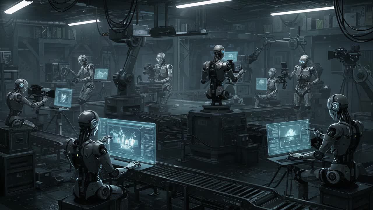 A Futuristic Workshop of Robots Engaged in Advanced Tasks and Operations, Showcasing their Interaction with Technology and Each Other in an Innovative Environment