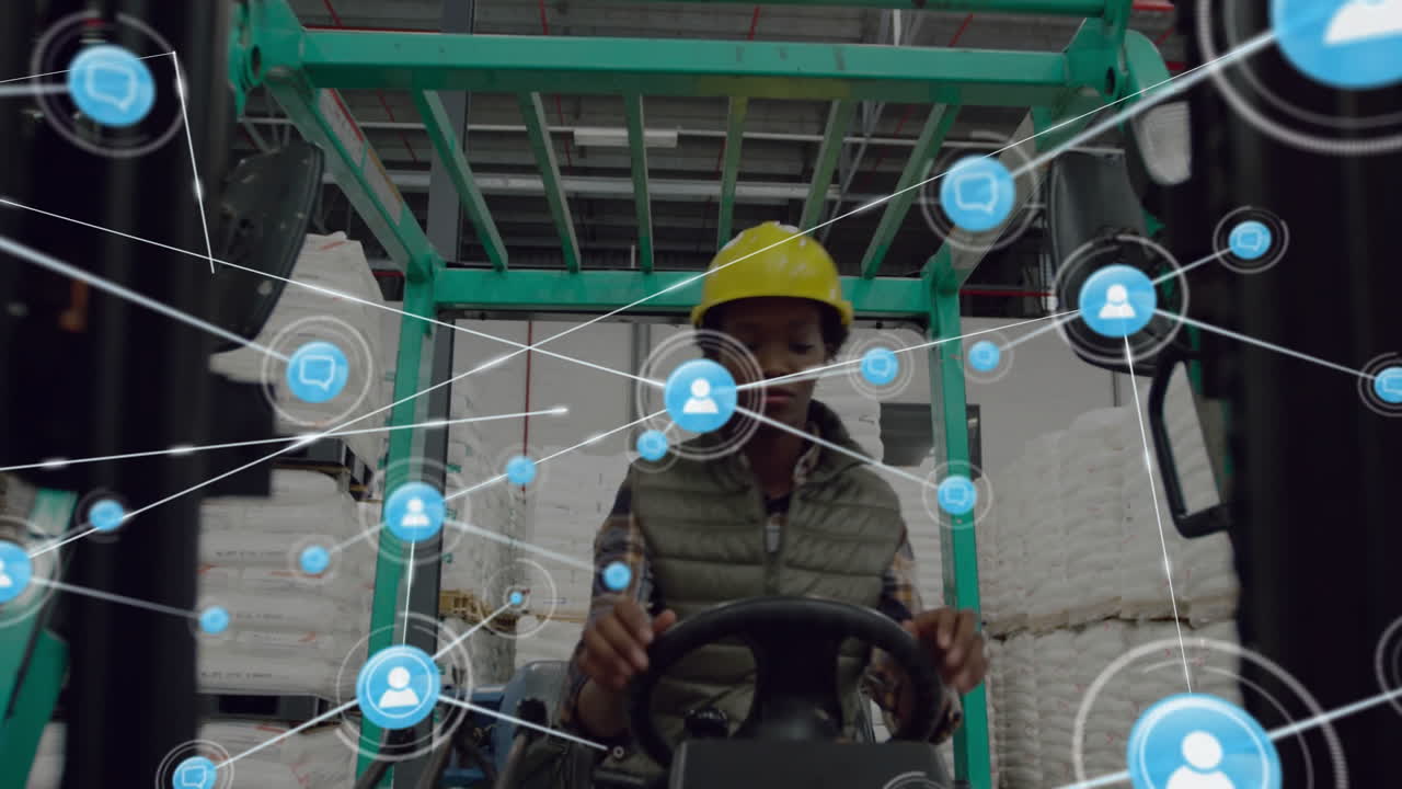 animación de la red de conexiones con la gente iconos sobre mujer afroamericana en el almacén