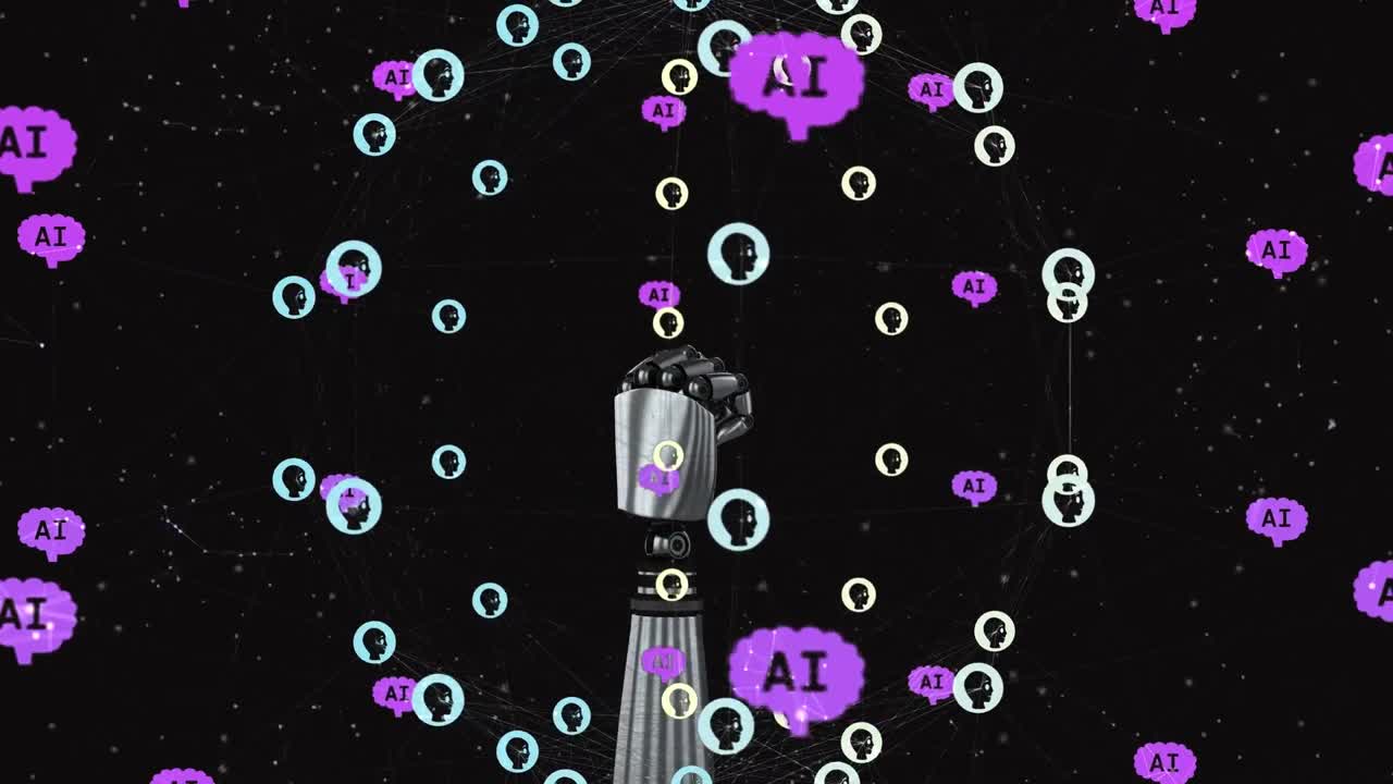 Animation of ai data processing and robot's arm in background