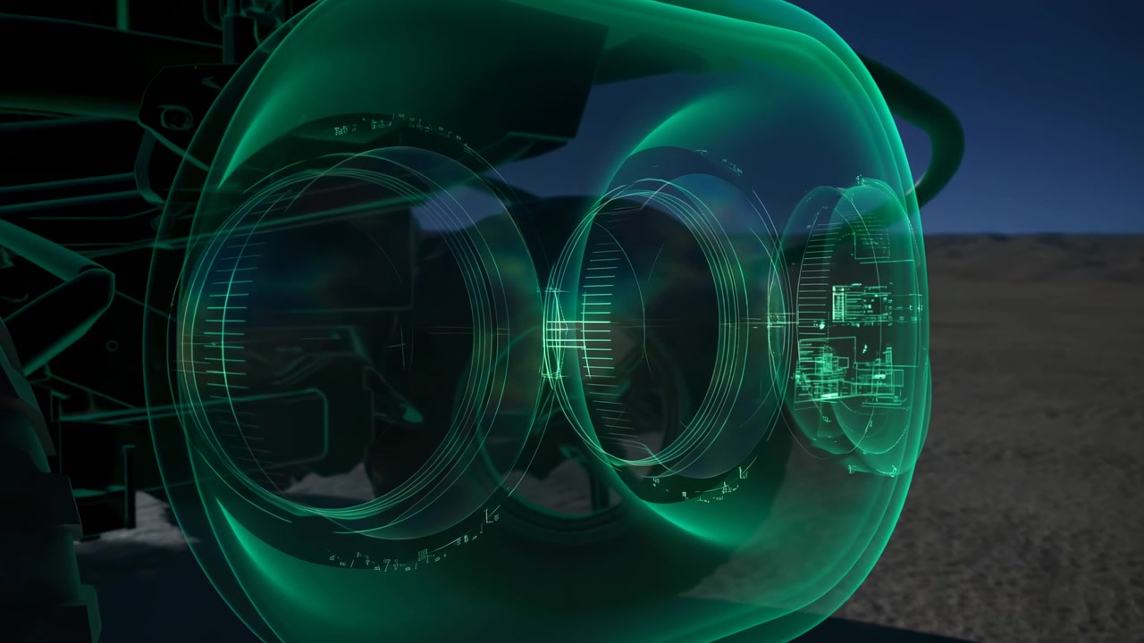 A mysterious and futuristic green glowing object is captured in a static wide-angle shot against a desert landscape with a clear sky. The transparent material of the object adds to its enig.