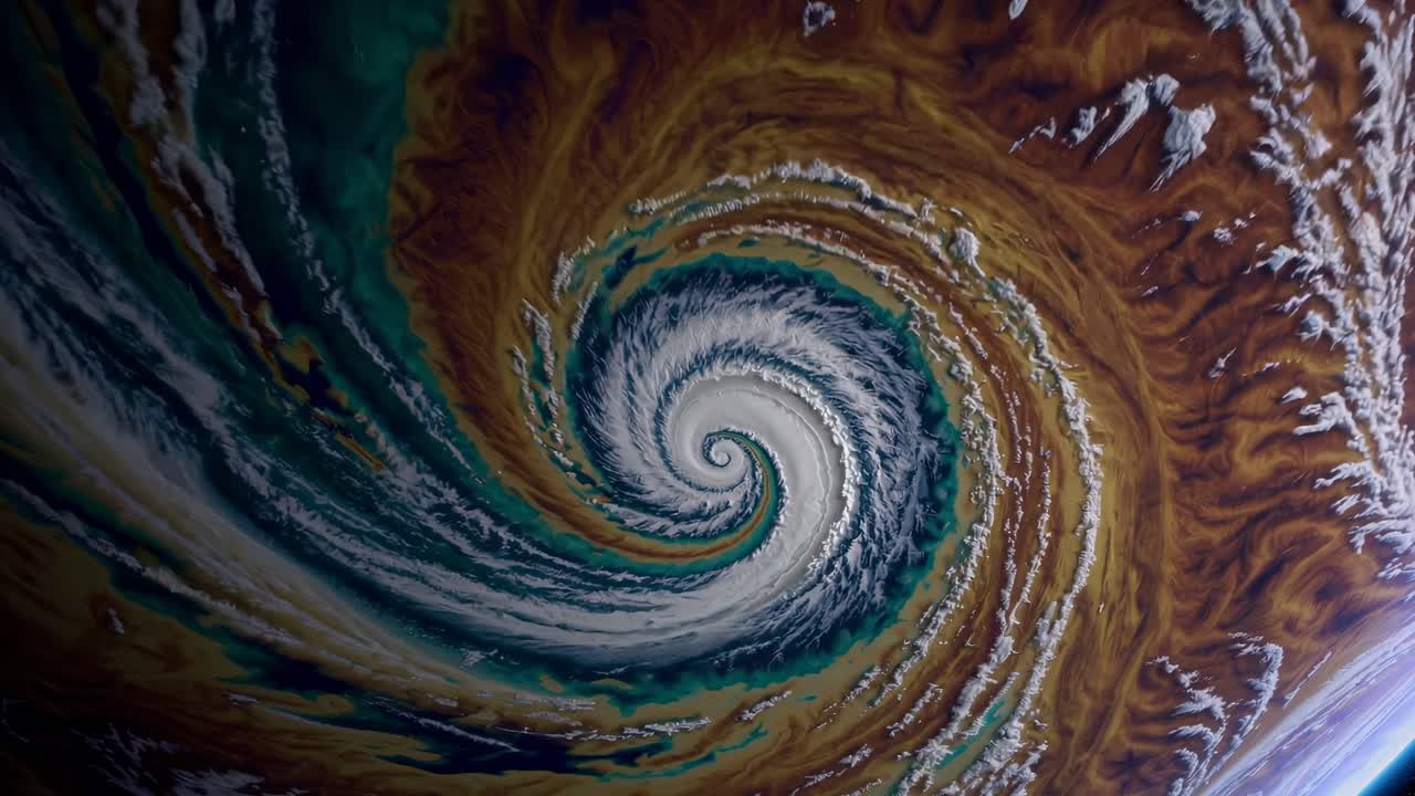 A cosmic video concept featuring a swirling, colorful planet from a low-angle perspective