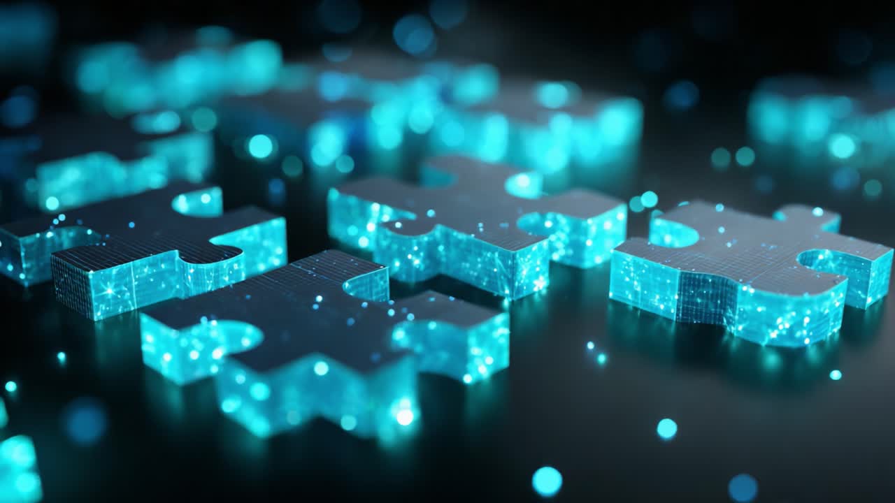 High tech digital puzzle pieces glowing with a vibrant blue light on a dark reflective surface, symbolizing connectivity, big data, innovation, and futuristic problem solving concepts
